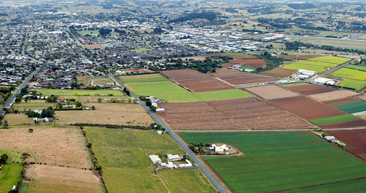 Aerial photo of farmland in Pukekohe, New Zealand