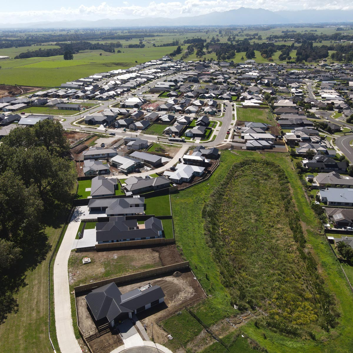 Aerial photo of a new subdivision, showing roads and houses