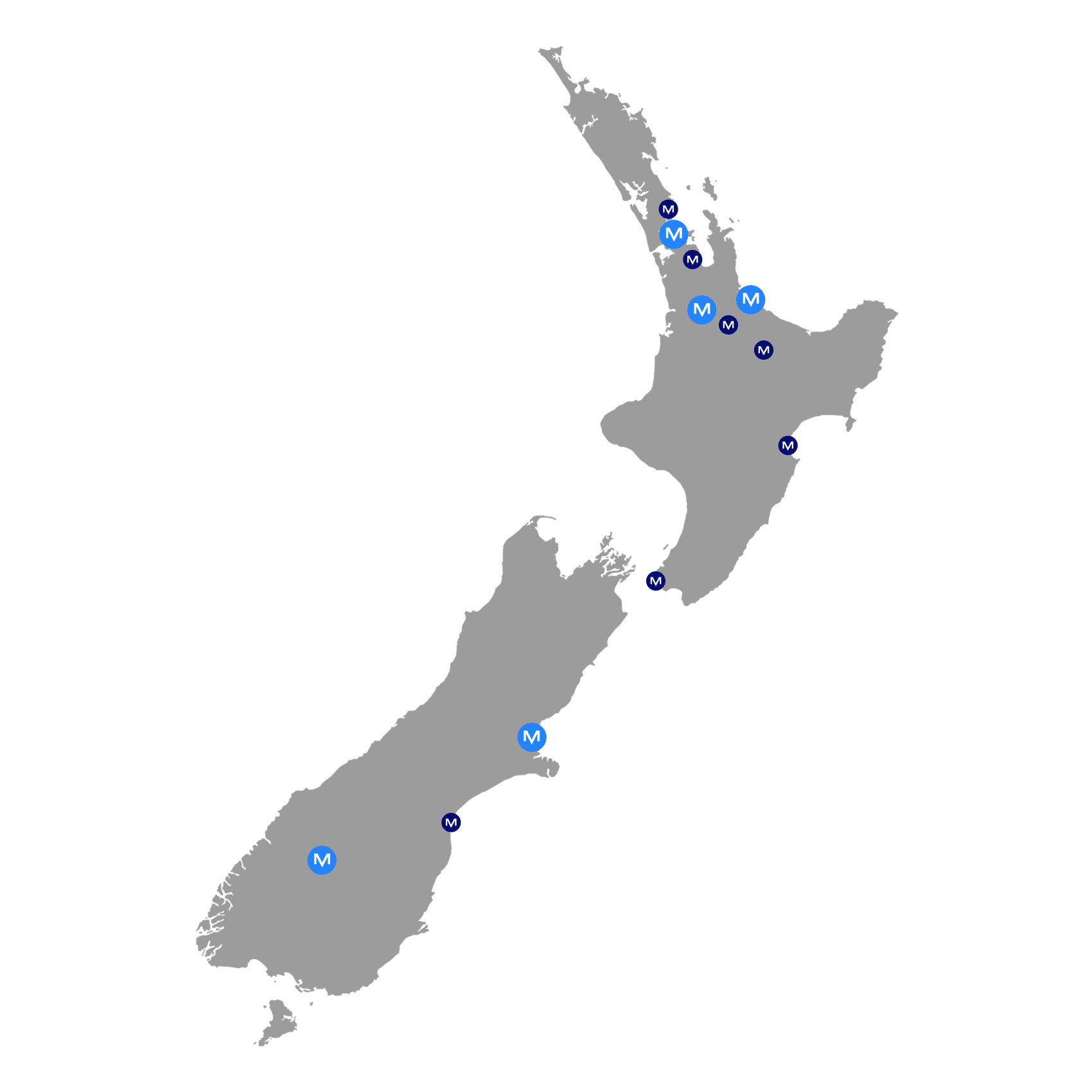 Illustrated map of New Zealand, with blue dots showing the locations of Maven offices