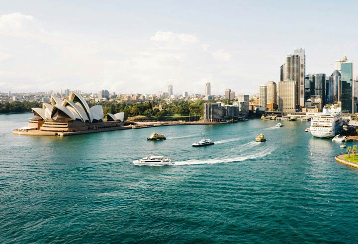 Photo of Sydney Harbour, showing the Sydney Opera House and other buildings